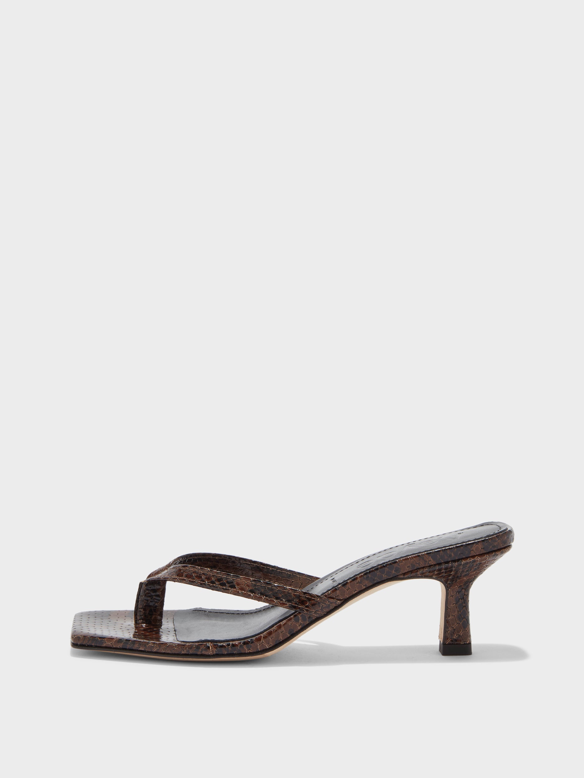 Aeyde | Wilma Leather Thong Sandals Leather Heeled Sandals for Women | Moka Snake | Square Toe | Mid Heel | Side View