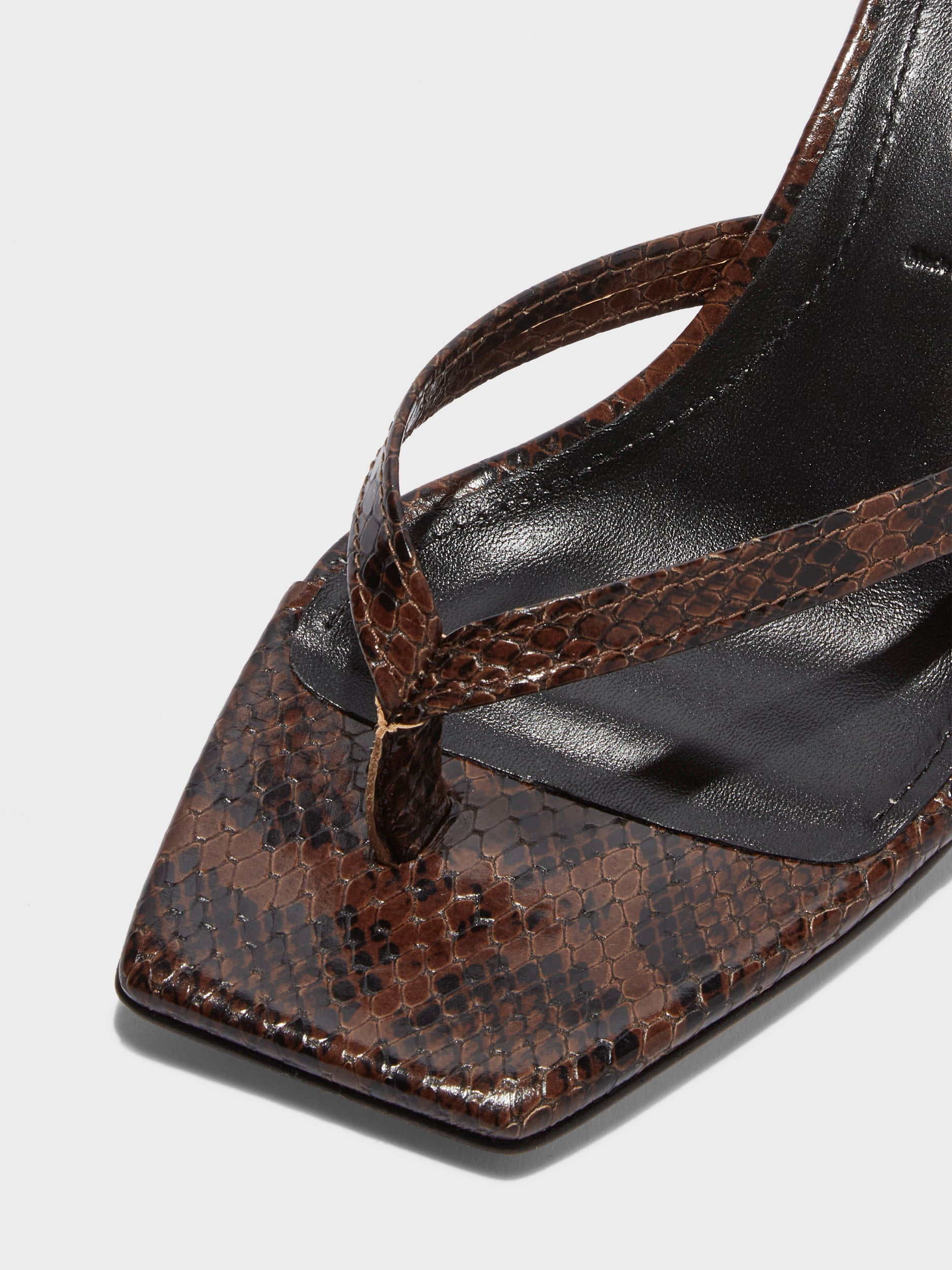 Aeyde | Wilma Leather Thong Sandals Leather Heeled Sandals for Women | Moka Snake | Square Toe | Mid Heel | Luxury Materials | Handmade in Italy