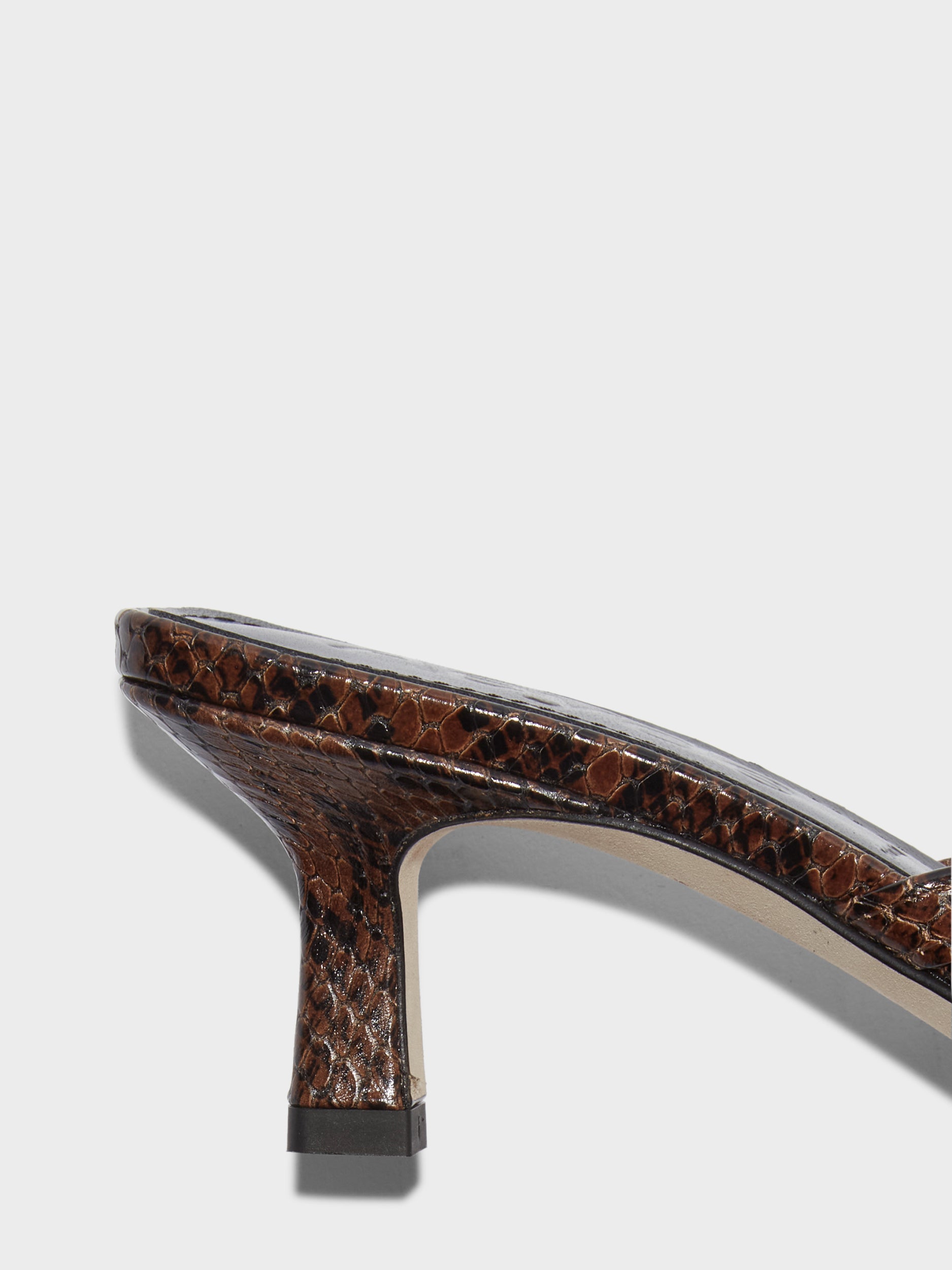 Aeyde | Wilma Leather Thong Sandals Leather Heeled Sandals for Women | Moka Snake | Square Toe | Mid Heel | Heel Details