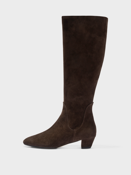 Aeyde | Yana Knee-High Boots Leather Knee High Boots for Women | Moka Suede | Round Toe | Low Heel | Side View