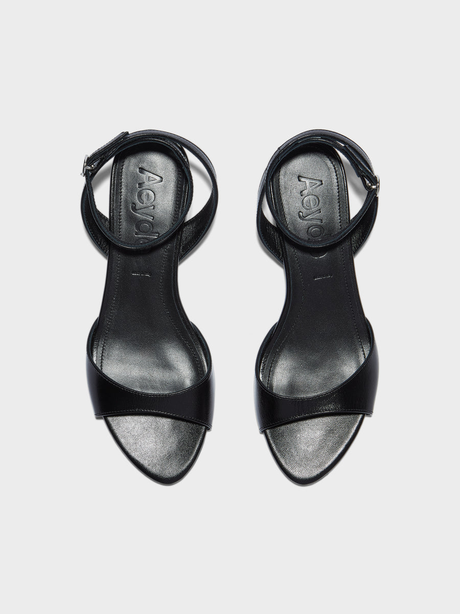 Aeyde | Zelia Leather Heeled Sandals for Women | Black Nappa | Round Toe | Mid Heel | Front View