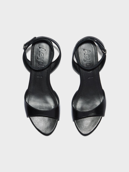 Aeyde | Zelia Leather Heeled Sandals for Women | Black Nappa | Round Toe | Mid Heel | Front View