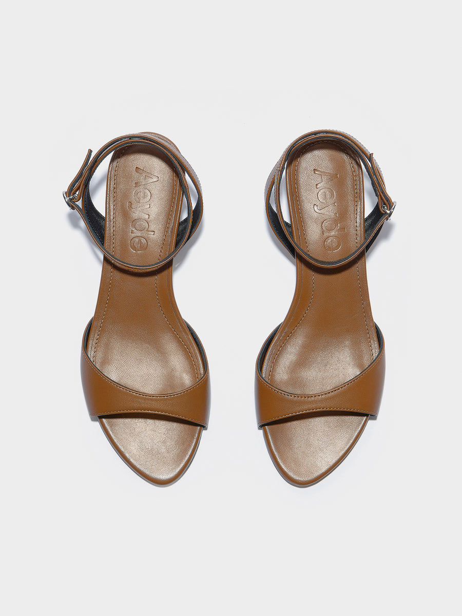Aeyde | Zelia Leather Heeled Sandals for Women | Tobacco Nappa | Round Toe | Mid Heel | Front View
