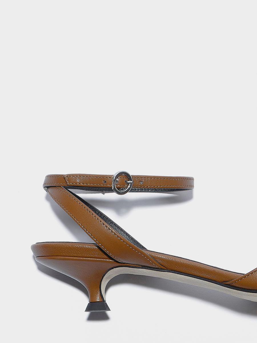 Aeyde | Zelia Leather Heeled Sandals for Women | Tobacco Nappa | Round Toe | Mid Heel | Heel Details