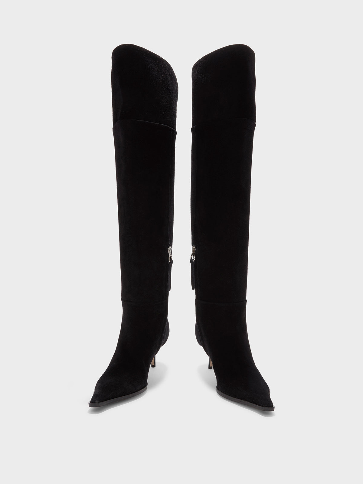 Aeyde | Zsazsa Suede Over-Knee Boots Leather Knee High Boots for Women | Black Suede | Pointed Toe | Mid Heel | Front View