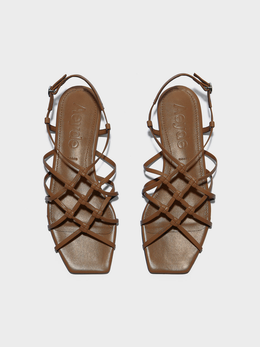 Aeyde | Anisa Leather Flat Sandals for Women | Tobacco Nappa | Square Toe | Flat Heel | Front View