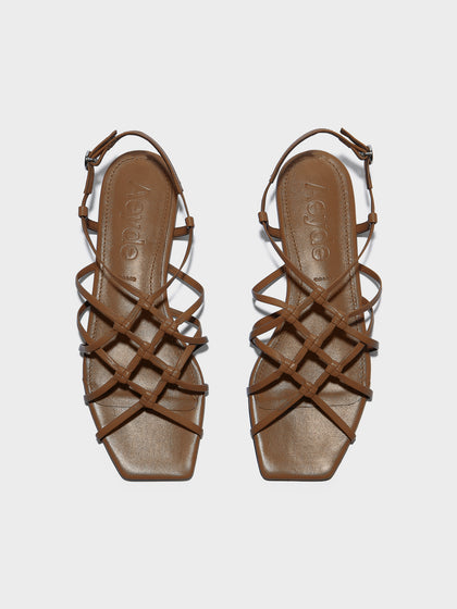Aeyde | Anisa Leather Flat Sandals for Women | Tobacco Nappa | Square Toe | Flat Heel | Front View