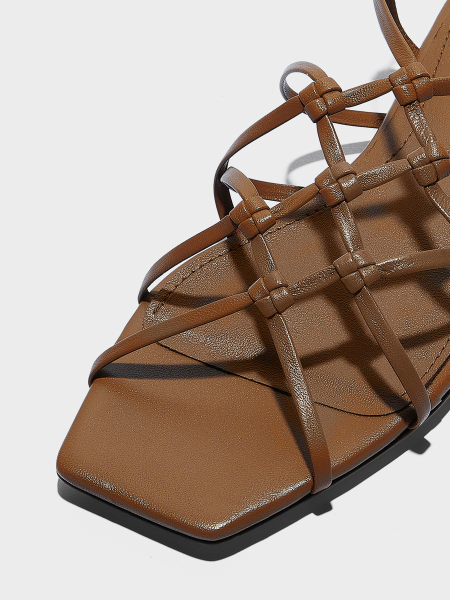 Aeyde | Anisa Leather Flat Sandals for Women | Tobacco Nappa | Square Toe | Flat Heel | Heel Details