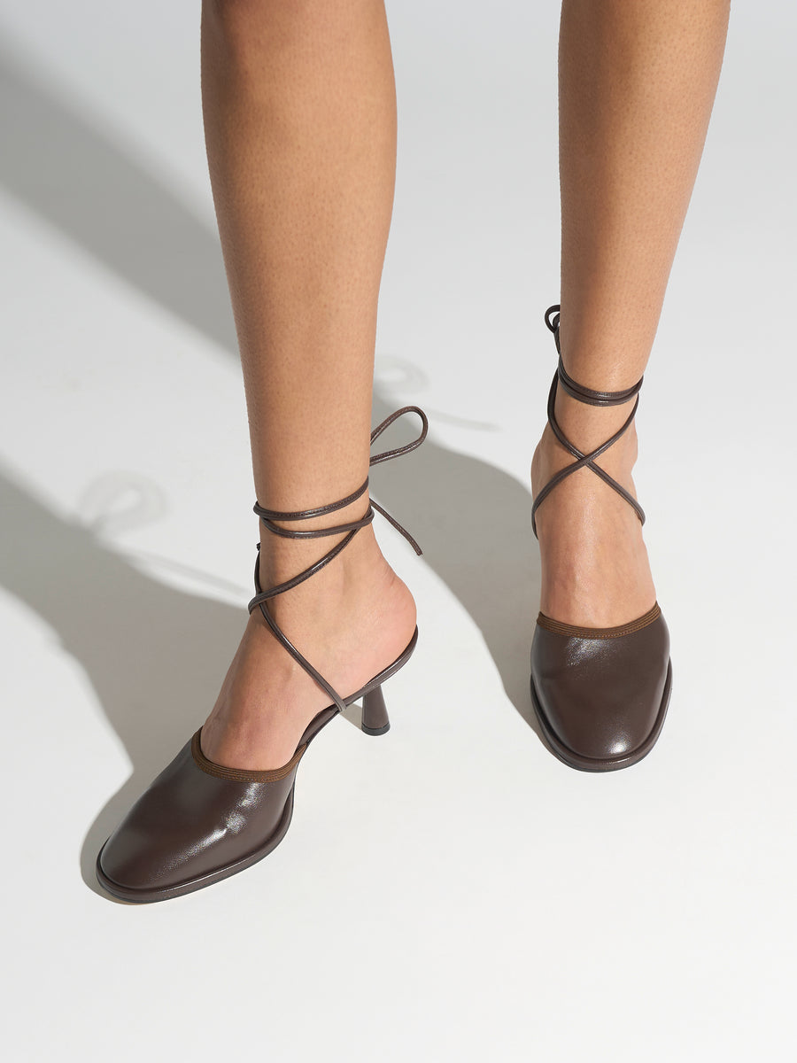 Aeyde | Farah Glove Leather Heeled Sandals for Women | Moka Nappa | Round Toe | Mid Heel | On Feet