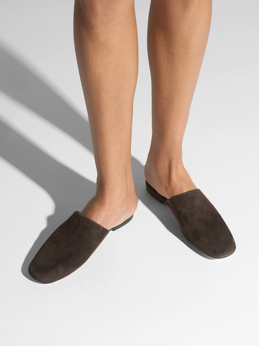Aeyde | Rega Leather House Slippers for Women | Moka Suede | Round Toe | Flat Heel | On Feet