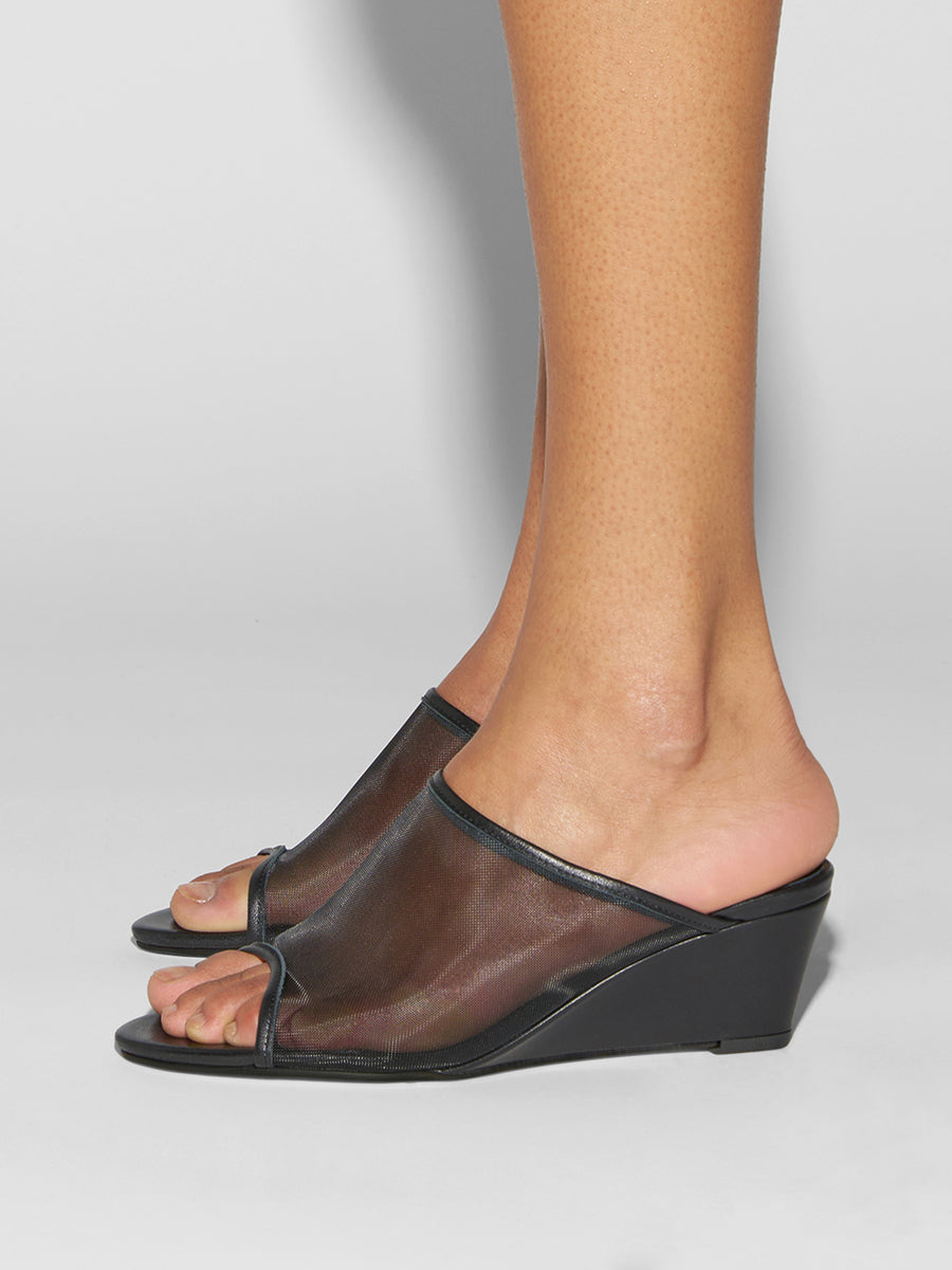 Aeyde | Suzanne Leather Heeled Sandals for Women | Black Mesh/Nappa | Round Toe | Mid Heel | How to Style