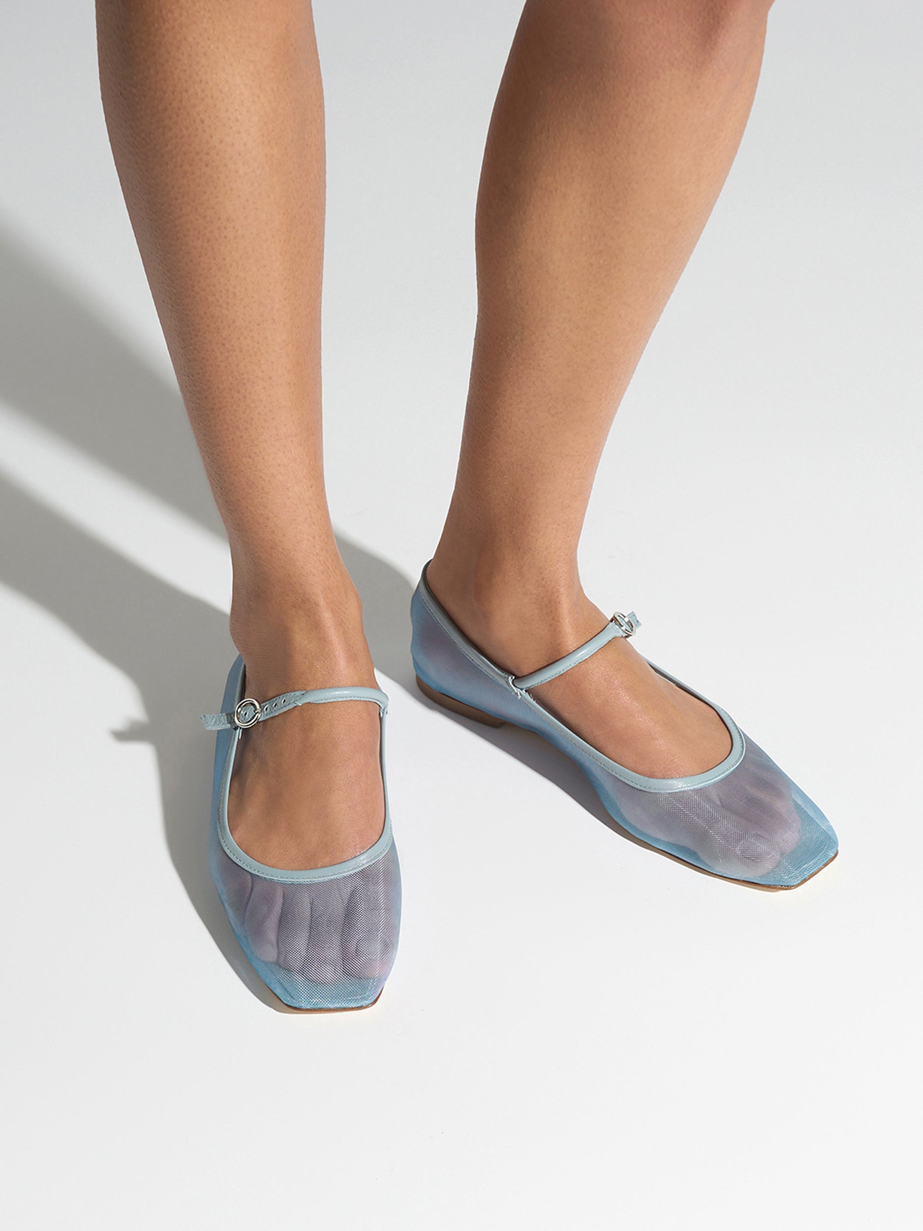Aeyde | Uma Leather Flats for Women | Glass Mesh/Nappa | Square Toe | Flat Heel | On Feet