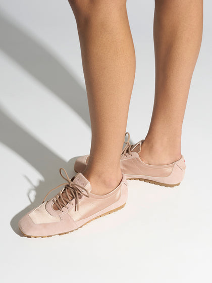 Aeyde | Uma Sneaker Leather Flats for Women | Peach Satin/Suede | Square Toe | Flat Heel | On Feet