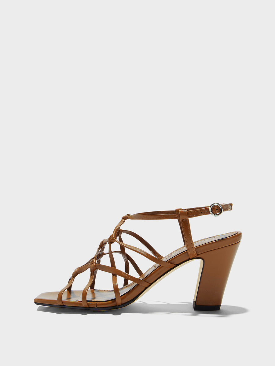 Aeyde | Acacia Leather Heeled Sandals for Women | Tobacco Nappa | Square Toe | High Heel | Side View