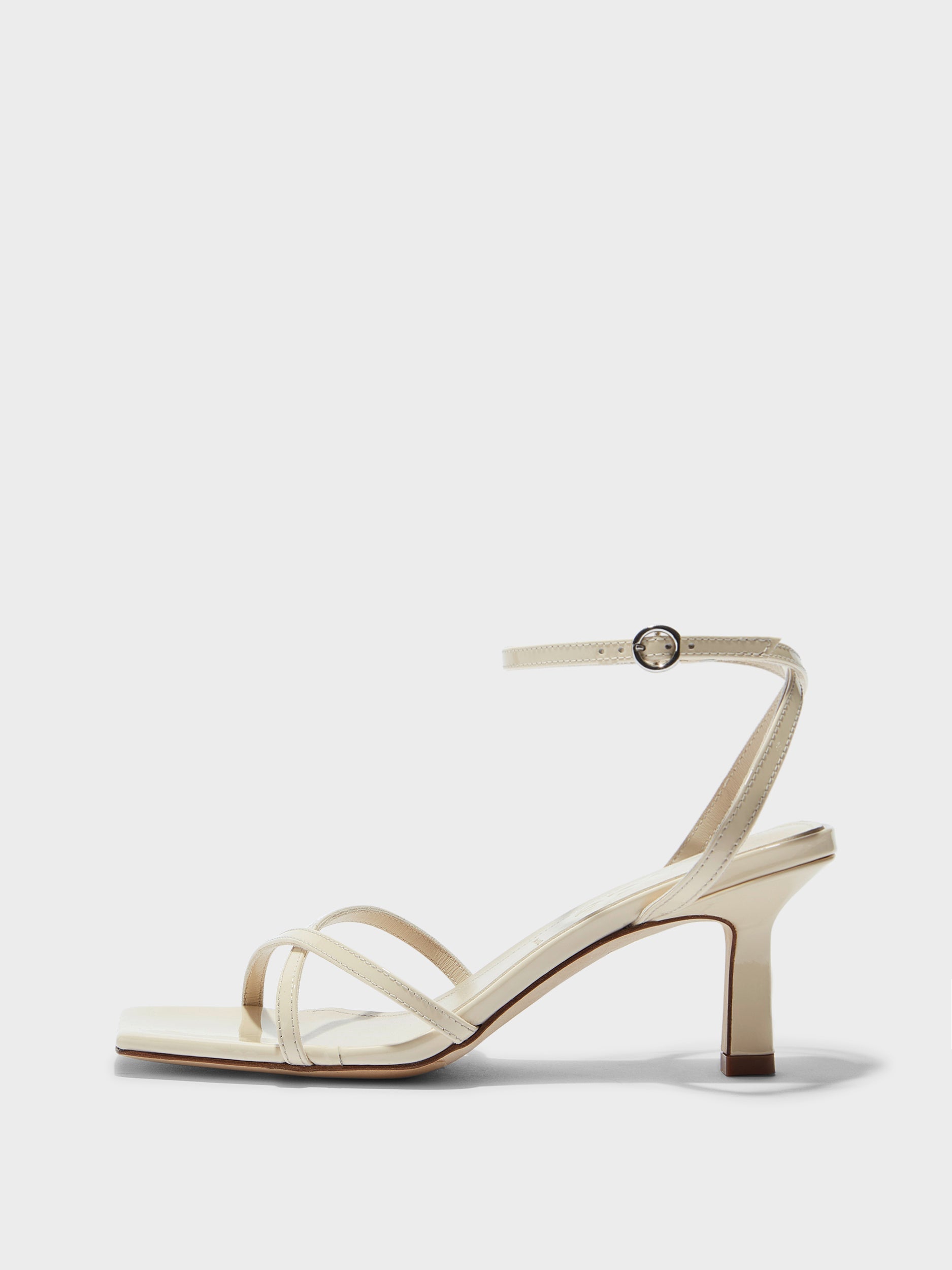 Aeyde | Edith Leather Heeled Sandals for Women | Creamy Patent | Square Toe | Mid Heel | Side View