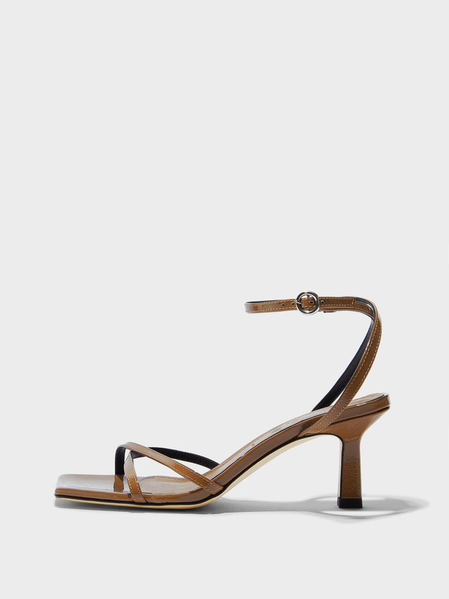 Aeyde | Edith Leather Heeled Sandals for Women | Tobacco Patent | Square Toe | Mid Heel | Side View