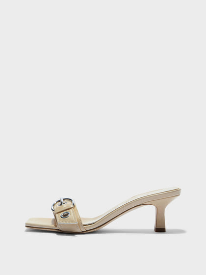 Aeyde | Gilly Leather Heeled Sandals for Women | Sand Nappa | Square Toe | Mid Heel | Side View