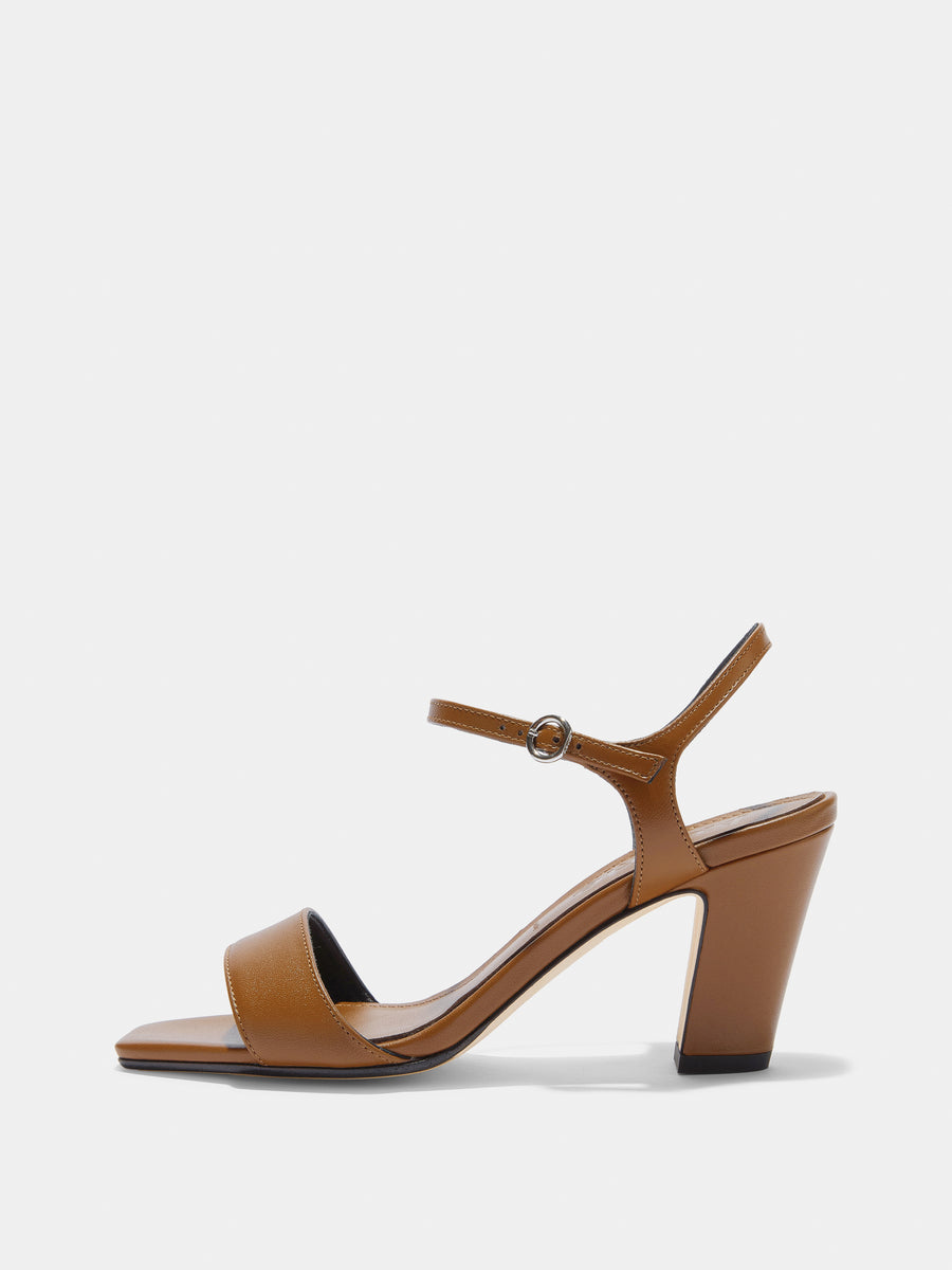 Aeyde | Imogen Leather Heeled Sandals for Women | Tobacco Nappa | Square Toe | High Heel | Side View