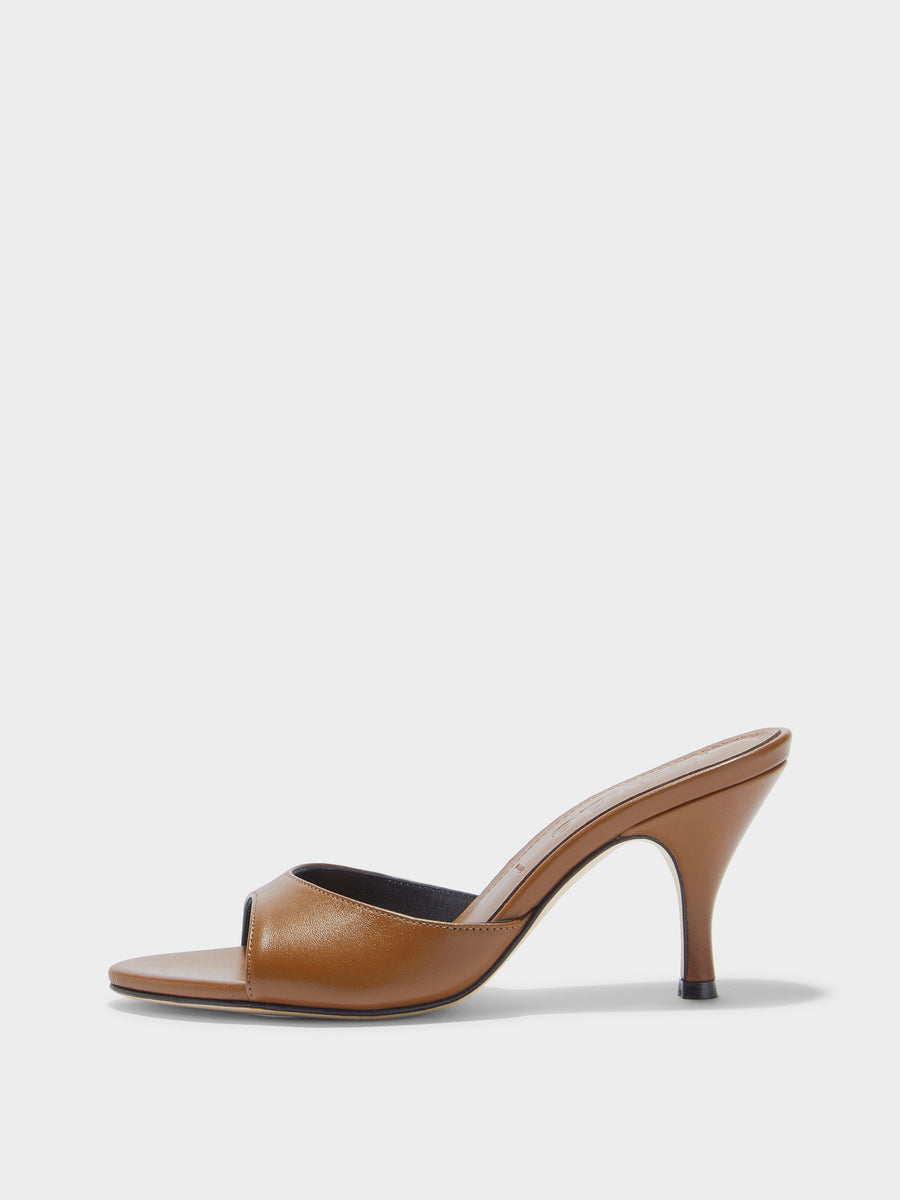 Aeyde | Samia Leather Heeled Sandals for Women | Tobacco Nappa | Round Toe | High Heel | Side View