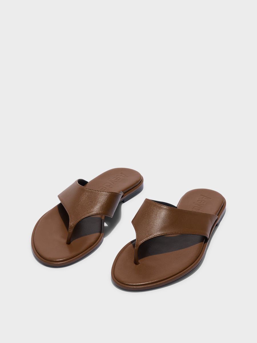 Aeyde | Amaya Leather Flat Sandals for Women | Tobacco Nappa | Round Toe | Flat Heel | Luxury Materials | Handmade in Italy