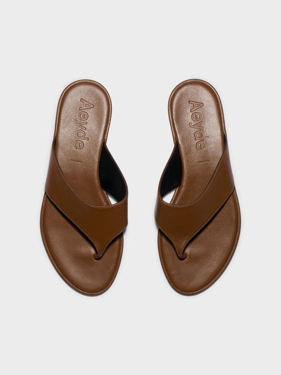Aeyde | Amaya Leather Flat Sandals for Women | Tobacco Nappa | Round Toe | Flat Heel | Front View
