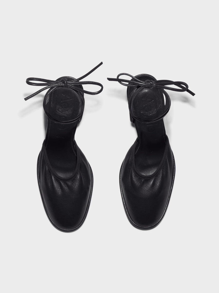 Aeyde | Farah Glove Leather Heeled Sandals for Women | Black Nappa | Round Toe | Mid Heel | Front View