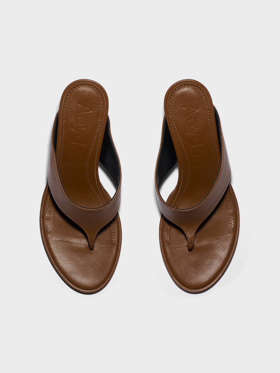 Aeyde | Olenna Leather Heeled Sandals for Women | Tobacco Nappa | Round Toe | Mid Heel | Front View