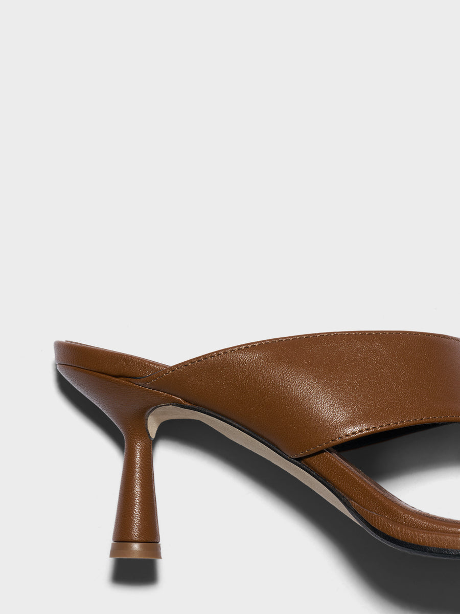 Aeyde | Olenna Leather Heeled Sandals for Women | Tobacco Nappa | Round Toe | Mid Heel | Heel Details