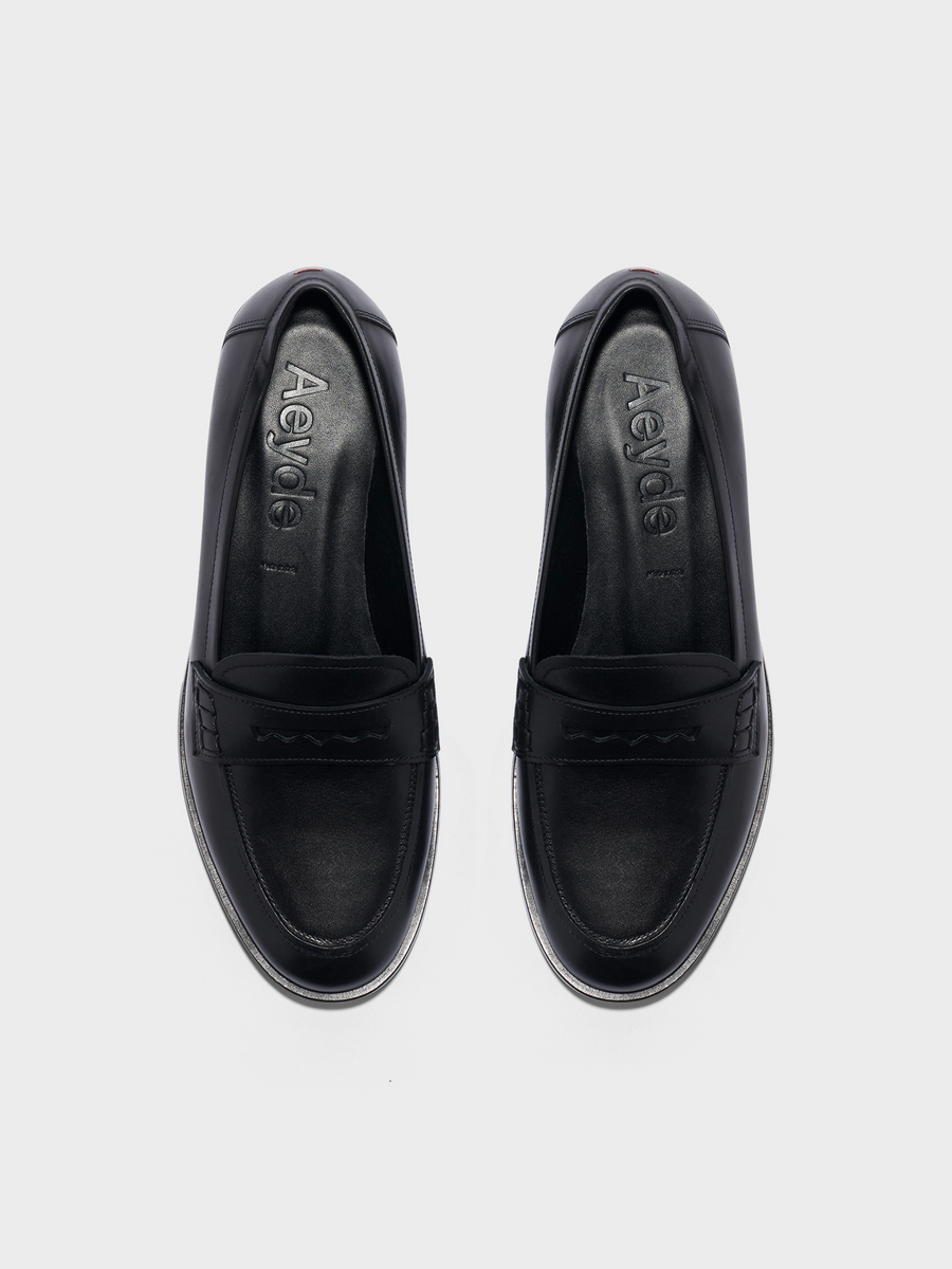 Aeyde | Oskar Leather Loafers Leather Flats for Women | Moka Calf | Round Toe | Flat Heel | Heel Details