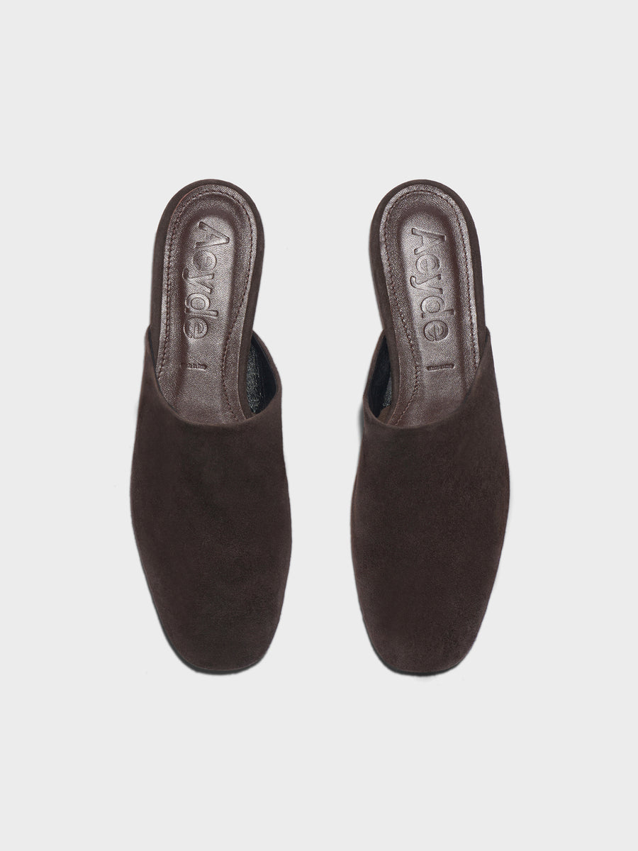 Aeyde | Rega Leather House Slippers for Women | Moka Suede | Round Toe | Flat Heel | Front View