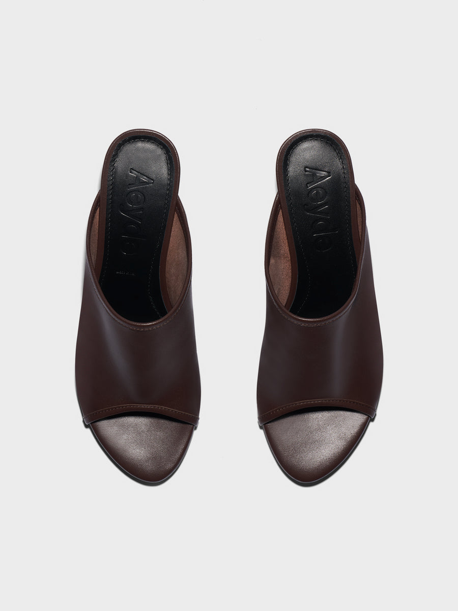 Aeyde | Suzanne Leather Heeled Sandals for Women | Moka Nappa | Round Toe | Mid Heel | Front View