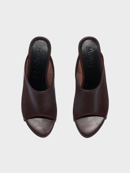 Aeyde | Suzanne Leather Heeled Sandals for Women | Moka Nappa | Round Toe | Mid Heel | Front View