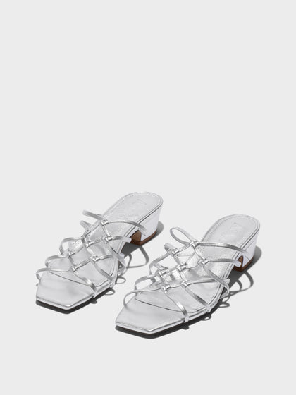 Aeyde | Talha Leather Heeled Sandals for Women | Silver Nappa | Square Toe | Low Heel | Luxury Materials | Handmade in Italy